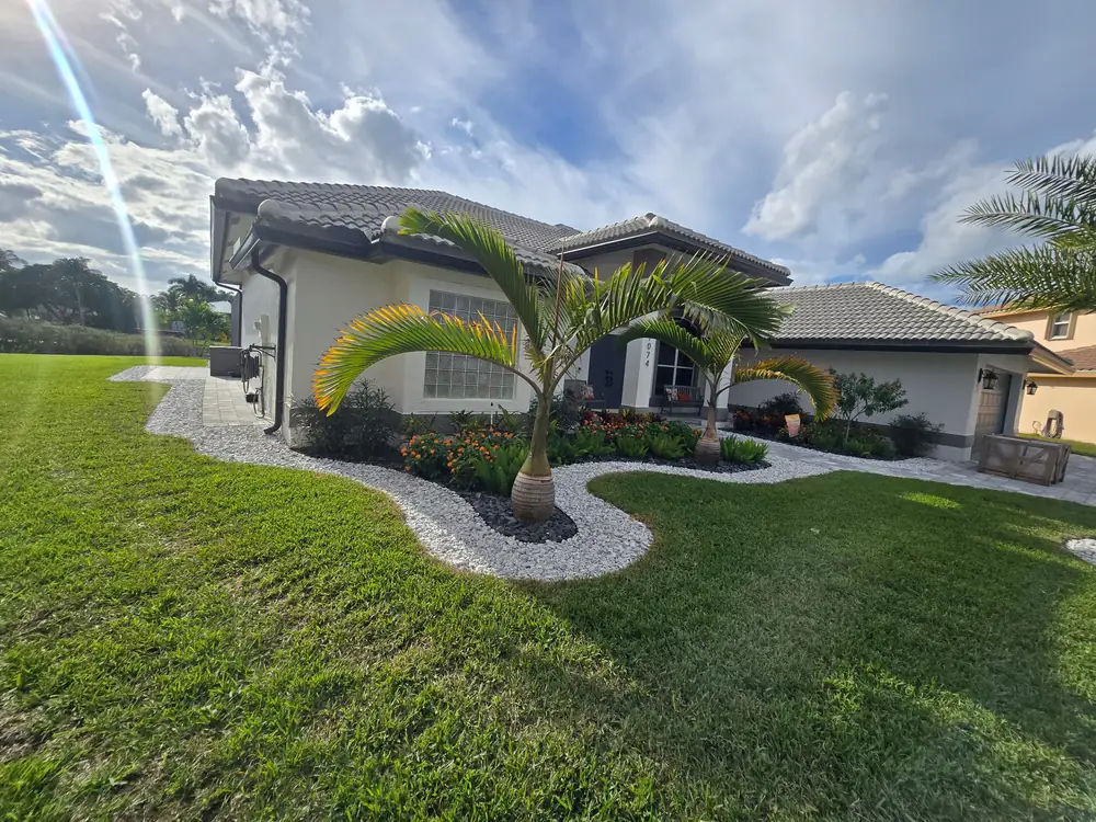 Front yard with bottle palms and white and black rock beds